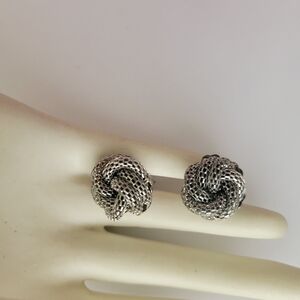 Vintage Love Knot Textured Mesh Silver Tone Pierced Stud Earrings